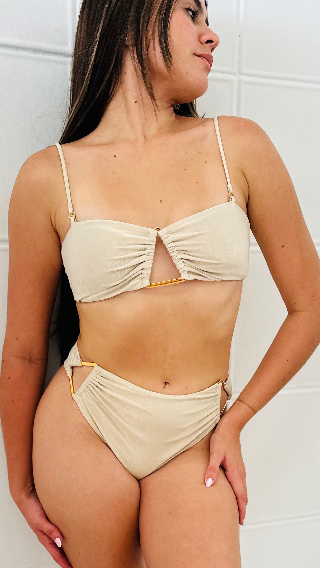 Alece Bikini Set / Strapless / High Waisted Bottom / Shinny Fabric